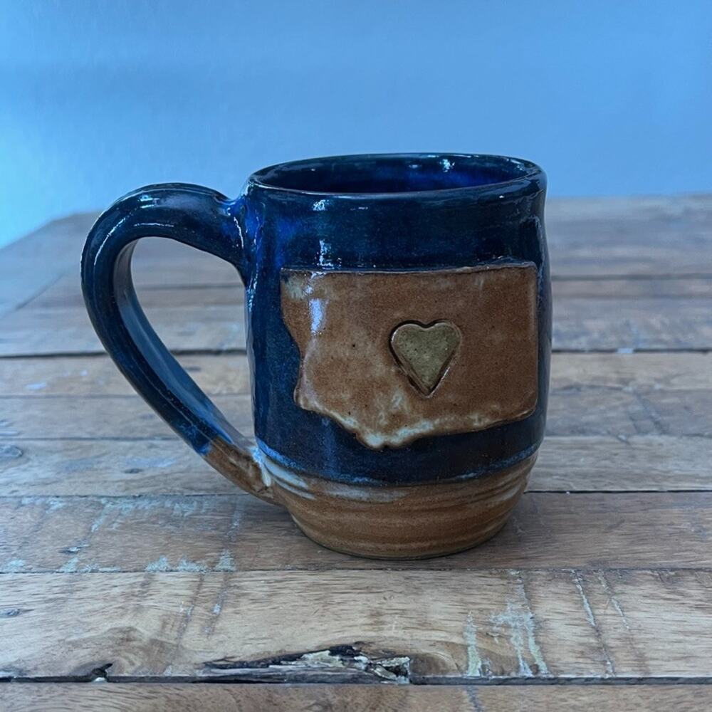 Handmade Studio Pottery Mug 4" Blue Brown Glaze Slate Applique Heart Design